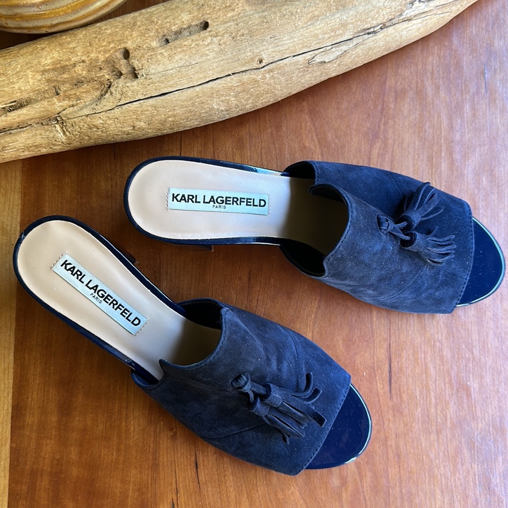 Karl Lagerfeld Navy Suede Tassel Block Heel Mules - Picture 2 of 8